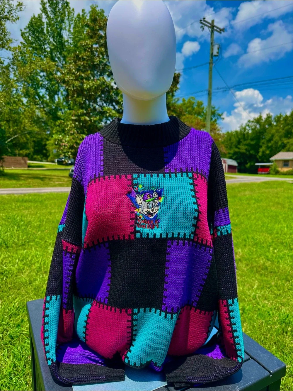 Chuck E. Cheese embroidered patch Graphic Crewneck Sweater - Black, Purple, Teal